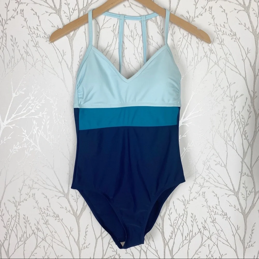 KONA SOL Blue Colorblock Open Back One Piece Swimsuit NWT Small